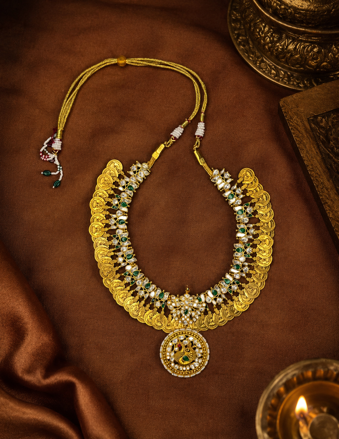 Premium Antique Lakshmi Kasu Haram with Emerald Stones & Temple Pendant